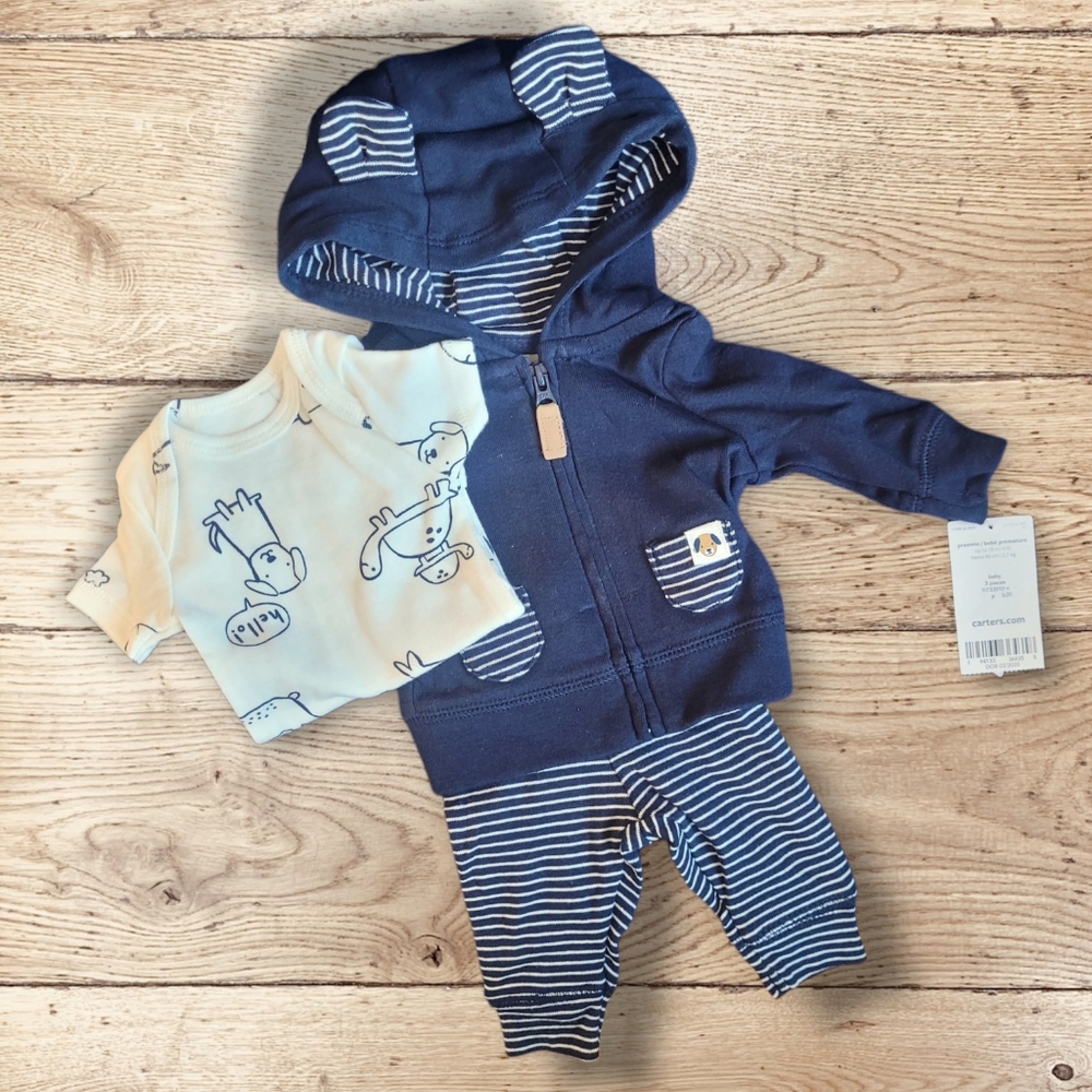 NWT Carter's Preemie 3 Piece Navy Blue Top And Pants Set